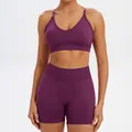 Seamless purple yoga set for women with sports bra and high-waisted shorts for gym wear - XS / Top And Bottom / Bra + Shorts / Midnight Purple