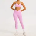 Rosa Yoga-Set mit überkreuzter hoher Taille und weißen Kontrastpaspeln für Fitness - S / Oberteil Und Unterteil / Kirschblütenrosa