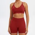 Professional seamless yoga set featuring sports bra and high-waist shorts in deep red - XS / Top And Bottom / Bra + Shorts / Autumn Red