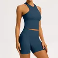 Ensemble de yoga bleu foncé sans couture avec débardeur côtelé et short de sport taille haute - S / Haut Et Bas / Bleu