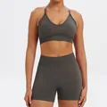 Seamless 2-piece yoga set with V-neck sports bra and high-waist shorts in charcoal grey - XS / Top And Bottom / Bra + Shorts / Deep Charcoal Gray