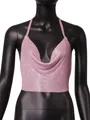 Sexy pink metal mesh sequin halter top shown on a black mannequin, detailed view. - XS / Tops / Pink