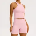 Ensemble de yoga rose sans couture avec short côtelé et débardeur dos nageur chic - S / Haut Et Bas / Rose Pêche
