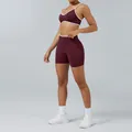 Burgundy two-piece yoga set featuring a white trim sports bra and matching tight shorts - XS / Top And Bottom / Camisole Bra Chestnut + Shorts Chestnut