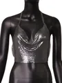 Close-up of sexy silver metallic sequin halter crop top displayed on a black mannequin - XS / Tops / Gray