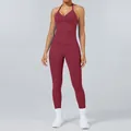Conjunto de yoga granate de dos piezas con top halter y leggings de fitness cintura alta - XS / Top Y Pantalón / Conjunto de Pantalones / Baya de invierno