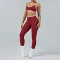 Women's two-piece color-block yoga fitness set in dark red with white piping details - XS / Top And Bottom / Cherry Red