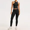 Ensemble de yoga sans couture noir pour femme avec legging côtelé et haut court licou - S / Haut Et Bas / Noir