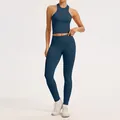 Ensemble de yoga sans couture bleu marine avec taille côtelée et haut - S / Haut Et Bas / Bleu