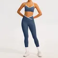 Professionelles blau-graues Yoga-Set mit kontrastierendem Kreuzbund und weißem Saum - S / Top Und Bottom (Bra mit schmalen Trägern + Leggings) / Marineblau