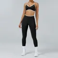 Black yoga set with white contrast trim including sports bra and high-waist leggings - XS / Top And Bottom / Black
