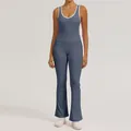 Ensemble de yoga bleu ardoise avec débardeur à passepoil contrasté et pantalon évasé taille haute. - S / Haut Et Bas / Débardeur + Legging Évasé / Gris Bleu