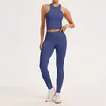 Ensemble de yoga bleu côtelé sans couture avec haut dos nageur et legging taille haute - S / Haut Et Bas / Violet Marbré