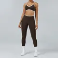 Two-piece dark brown contrast yoga set with sports bra and high-waisted leggings - XS / Top And Bottom / Coffee