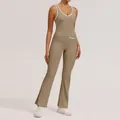 Ensemble de yoga kaki moulant avec liseré contrasté, haut dos nu et pantalon évasé - S / Haut Et Bas / Débardeur + Legging Évasé / Brun Cacao
