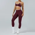 Women's two-piece contrast color yoga set featuring maroon sports bra and leggings - XS / Top And Bottom / Chestnut Camisole Bra + Chestnut Trousers