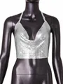 Detailed view of a shiny silver metallic sequin halter top displayed on a mannequin - S / Tops / Silver