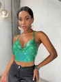 Sexy green metallic sequin halter top with a deep V-neck and backless design. - XS / Tops / Green
