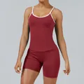 Two-piece dark red yoga set with white contrast piping for fitness and running - XS / Top And Bottom / Cherry Red