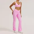 Rosa zweiteiliges Yoga-Set mit kontrastierendem Sport-BH und Schlaghose mit Kreuztaille - S / Oberteil und Unterteil (BH + Schlaghose) / Kirschblütenrosa