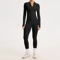 Women's black seamless ribbed yoga set including long sleeve zip jacket and leggings. - S / Top And Bottom / Zipper Jacket + Pants / Black