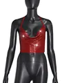 Close-up detail view of a sexy red metallic sequin halter crop top displayed on a mannequin - S / Tops / Red