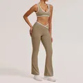 Ensemble de yoga kaki deux pièces avec bordure contrastée et legging évasé sport - S / Haut Et Bas / Brassière + Legging Évasé / Brun Cacao
