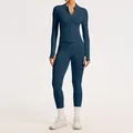 Ensemble de yoga bleu sans couture professionnel avec haut zippé et legging taille haute. - S / Haut Et Bas / Bleu