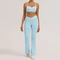 Professionelles hellblaues Yoga-Set mit Cross-High-Waist-Schlaghose und Sport-BH - S / Oberteil und Unterteil (Dünner Träger BH + Schlaghose) / Wasserblau
