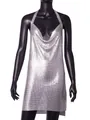 Detailed view of silver metallic sequin halter mini dress for nightclub parties. - Silver