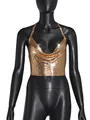 Detail of a shimmering gold metallic sequin halter neck top displayed on a mannequin - S / Tops / Gold