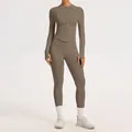 Slim fit seamless brown yoga set with long sleeve zipper top and high waist leggings - S / Top And Bottom / Zipper Jacket + Pants / Khaki