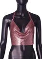 Exquisite close-up of rose gold metallic sequined halter top with elegant cowl neck - S / Tops / Rose Gold
