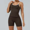 Contrast trim two-piece yoga workout set in chocolate brown with white piping detail - XS / Top And Bottom / Coffee