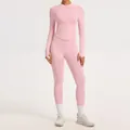 Ensemble de yoga rose sans couture avec taille côtelée et haut de sport à manches longues - S / Haut Et Bas / Rose Pêche