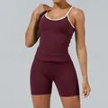Women's two-piece color-block sports set in burgundy and white for yoga and fitness training - XS / Top And Bottom / Chestnut