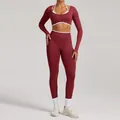 Premium burgundy seamless long-sleeved yoga set with high waist leggings and white trim - XS / Top And Bottom / Cherry Red