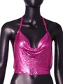 Detailed view of pink metallic sequin halter top for nightclub and party wear - S / Tops / Rose Red