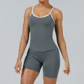 Women's dark grey two-piece yoga sports set with white contrast trim and slim fit tank - XS / Top And Bottom / Graphite Grey
