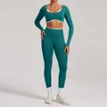 Women's teal seamless yoga set with long sleeve crop top and high waist leggings - XS / Top And Bottom / Turquoise Green