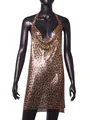 Detail view of a shimmering leopard print metallic mesh halter dress on a mannequin - S / Leopard Print Gold