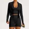 Ensemble de yoga noir 3 pièces sans couture comprenant brassière, veste et short - S / Ensemble / Noir