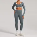 Seamless long sleeve yoga set with high waist leggings in muted blue-grey - XS / Top And Bottom / Graphite Grey