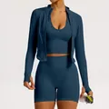 Ensemble de yoga côtelé sans couture 3 pièces avec veste et short pour femme en bleu - S / Ensemble / Bleu
