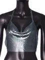 Close-up detail of shimmering silver metallic sequin halter backless top for parties - S / Tops / Gray