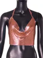 Detailed view of the rose gold metallic sequin halter top with deep V-neck nightclub style - S / Tops / Orange