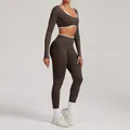 Premium seamless long-sleeve yoga set featuring white contrast trim in deep brown color - XS / Top And Bottom / Coffee