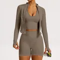 Ensemble de yoga 3 pièces côtelé sans couture avec veste, brassière et short taupe - S / Ensemble / Soutien-gorge + Veste Zippée + Short / Kaki