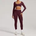 Seamless burgundy yoga set featuring long sleeve crop top and high waist leggings for fitness - XS / Top And Bottom / Chestnut