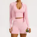 Ensemble de yoga rose sans couture 3 pièces pour femme avec veste, brassière et short - S / Ensemble / Soutien-gorge + Veste Zippée + Short / Rose Pêche